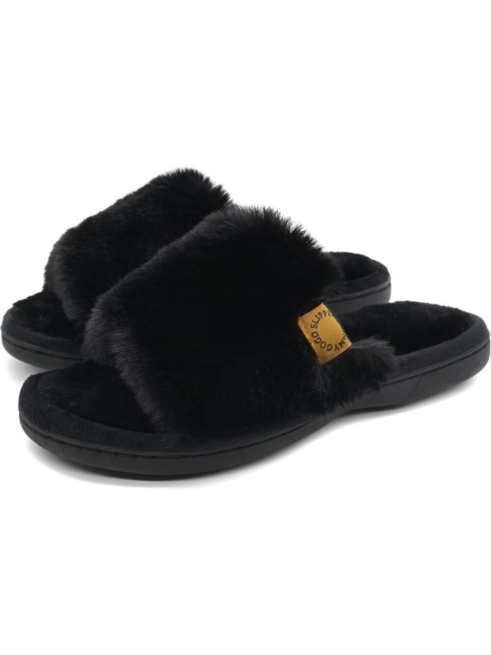 Women's Black Raven Indoor Memory Foam Faux Fur Nonslip Open Toe Slipper Shoes